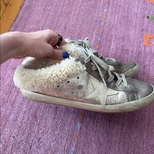 Golden Goose Sabot Metallic Gold Shearling-Lined Women’s Sneakers size 38